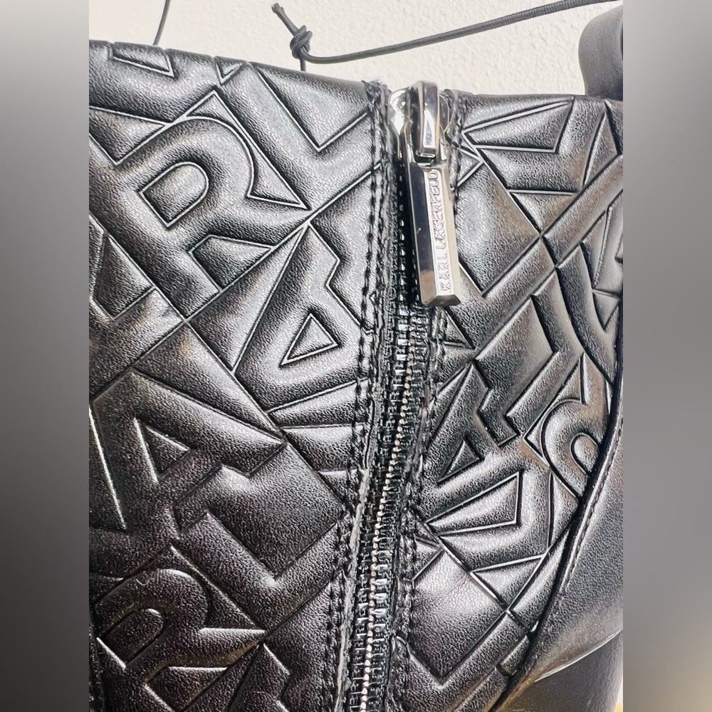 NWT Karl Lagerfeld Boots Paris Petria Logo Quilted Square Toe Black Heeled Ankle - Picture 7 of 7